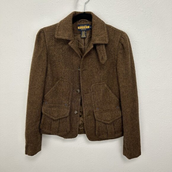 Ralph Lauren Rugby Fitted Tweed Blazer Sz 4 Brown Herringbone Equestrian Celine - Picture 3 of 12